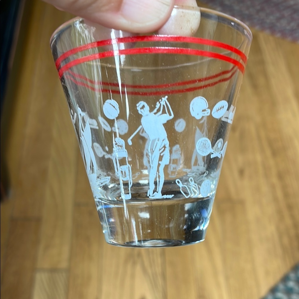 4 VTG MCM Hazel Atlas Sports Themed Cocktail/Double Shot Glasses Red Stripes